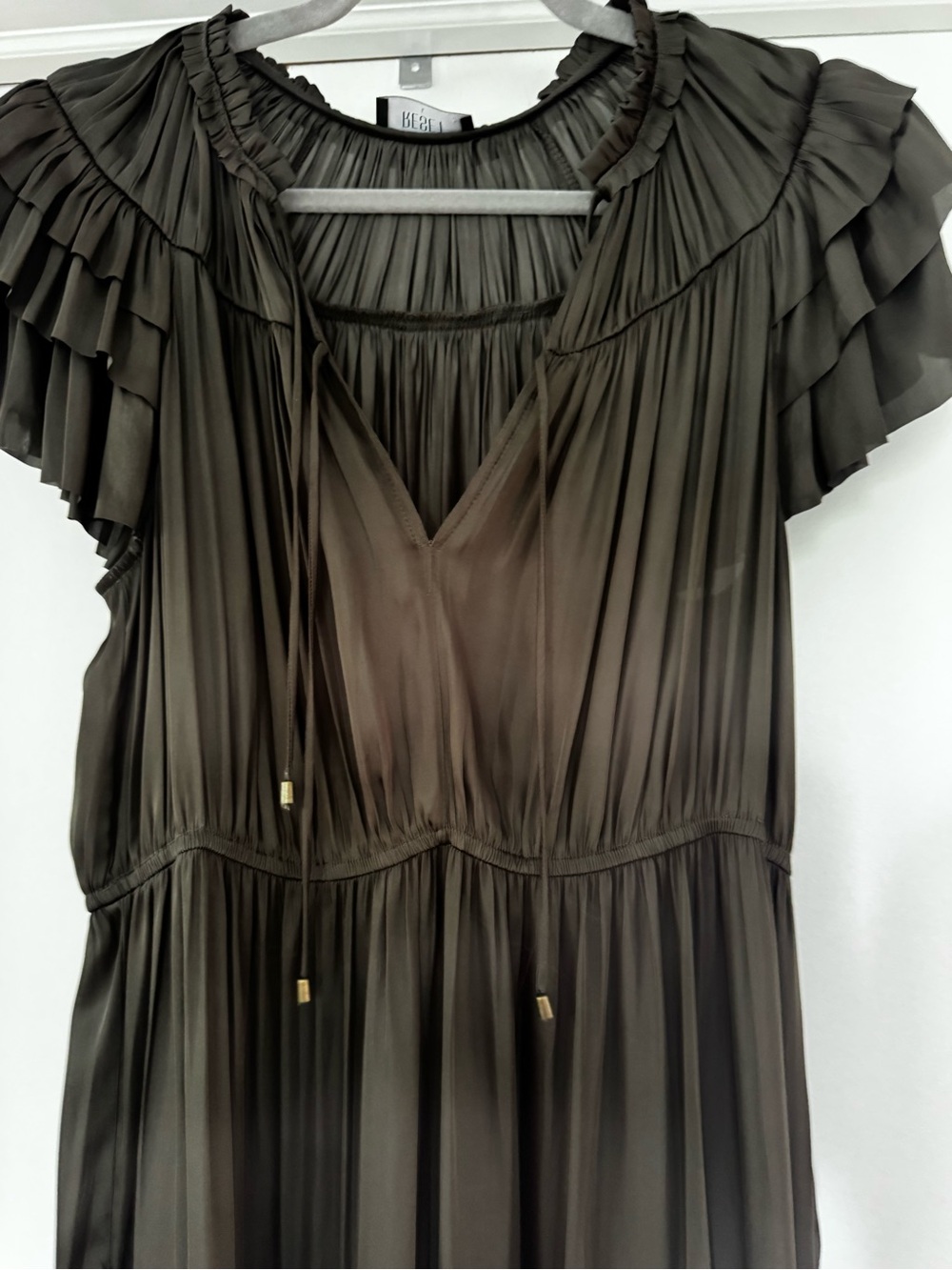 The Reset Olive Pleated Ruffle Midi Dress